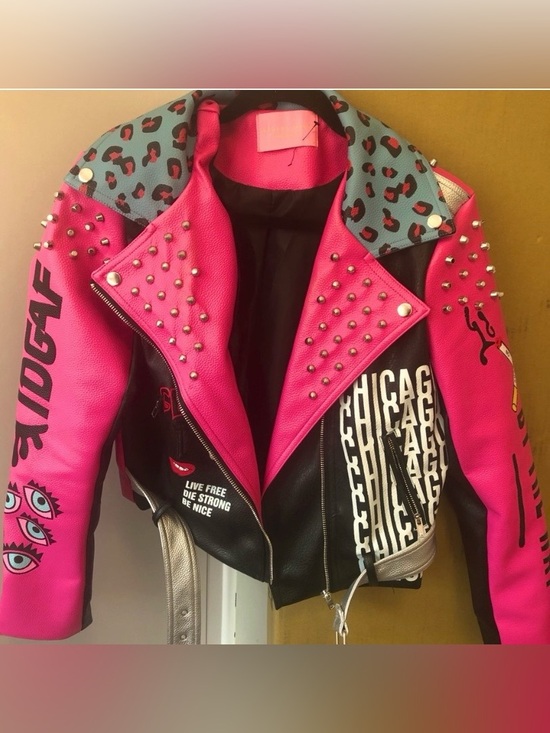 Azalea Wang Jackets & Blazers - Pink & Black Studded Graphic Leather Biker Jacket
